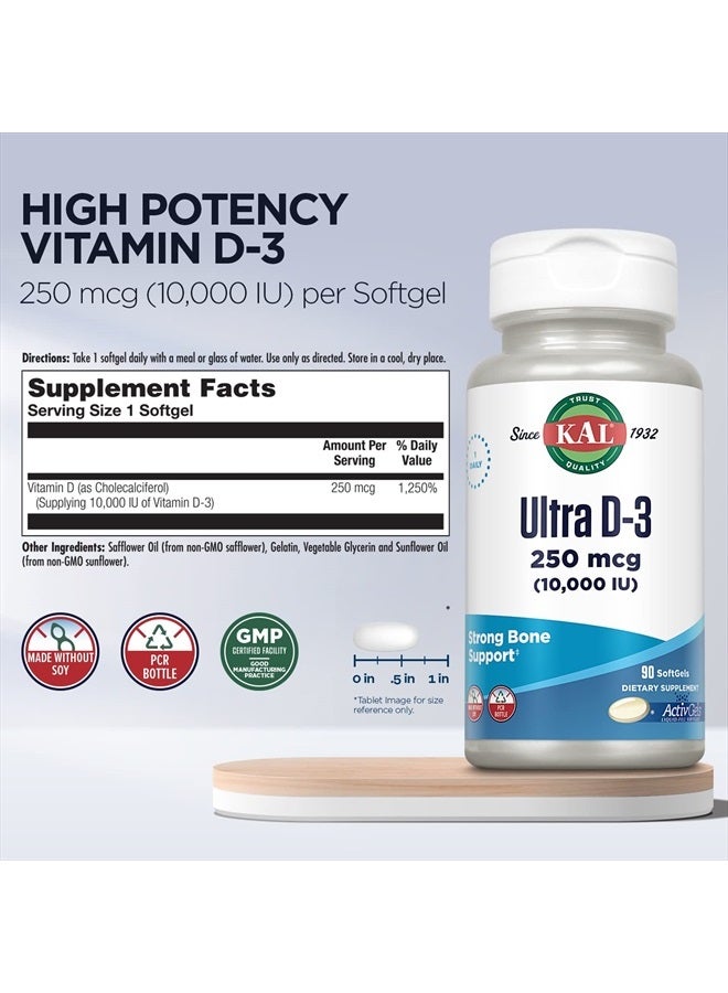 KAL Ultra Vitamin D3 10000 IU Softgels (250 mcg), High Potency Vitamin D, Calcium Absorption, Bone Health and Immune Support Supplement, Liquid Filled ActivGels, Made Without Soy, 90 Serv, 90 Softgels - Image 3
