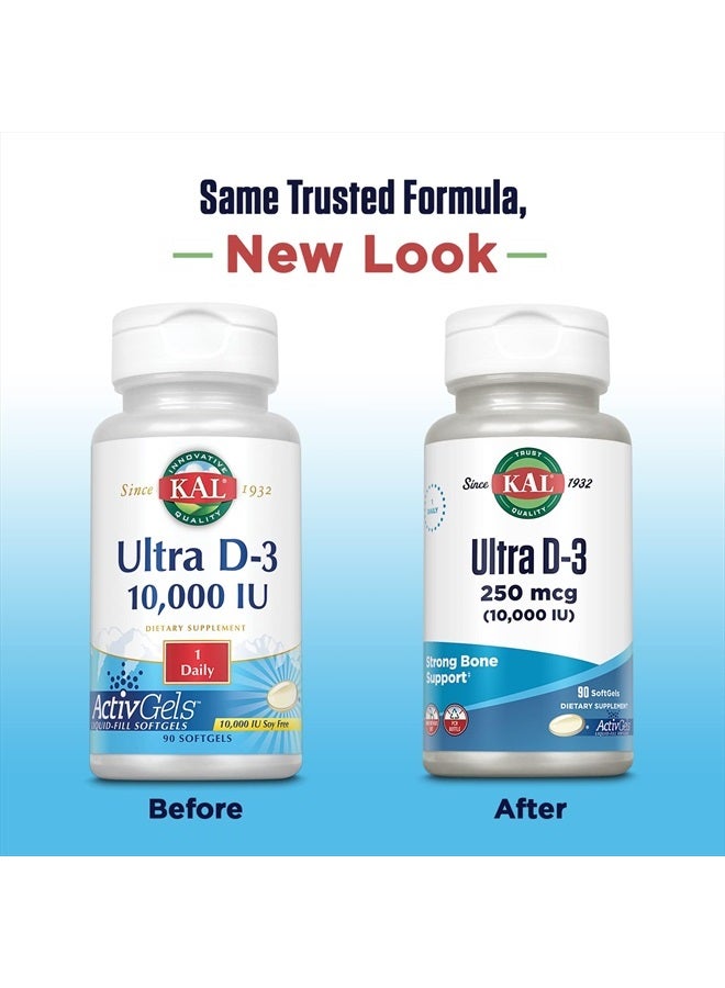 KAL Ultra Vitamin D3 10000 IU Softgels (250 mcg), High Potency Vitamin D, Calcium Absorption, Bone Health and Immune Support Supplement, Liquid Filled ActivGels, Made Without Soy, 90 Serv, 90 Softgels - Image 2