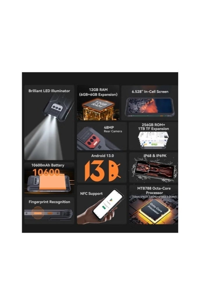 Cubot KINGKONG 8 Rugged Phone 6.528'' HD+ Screen Android 13 6GB RAM 256GB ROM Dual LED Torch 10600mAh Battery 16MP Front+48MP Rear Camera NFC/Dual SIM/GPS/Fingerprint Black - Image 5