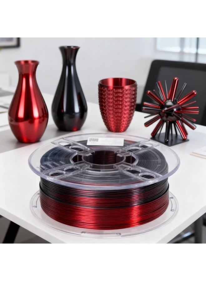 Silk Black Red PLA 1.75mm 3D Printer Filament 1KG, Dual Color Gradient PLA Filament, Metallic Silk PLA Filament Black Red Color Changing Filament for FDM 3D Printing, Glossy PLA Filament Smooth Extrusion Low Warping Decorative Printing Filament for Models Sculptures Cosplay Compatible with Most 3D Printers