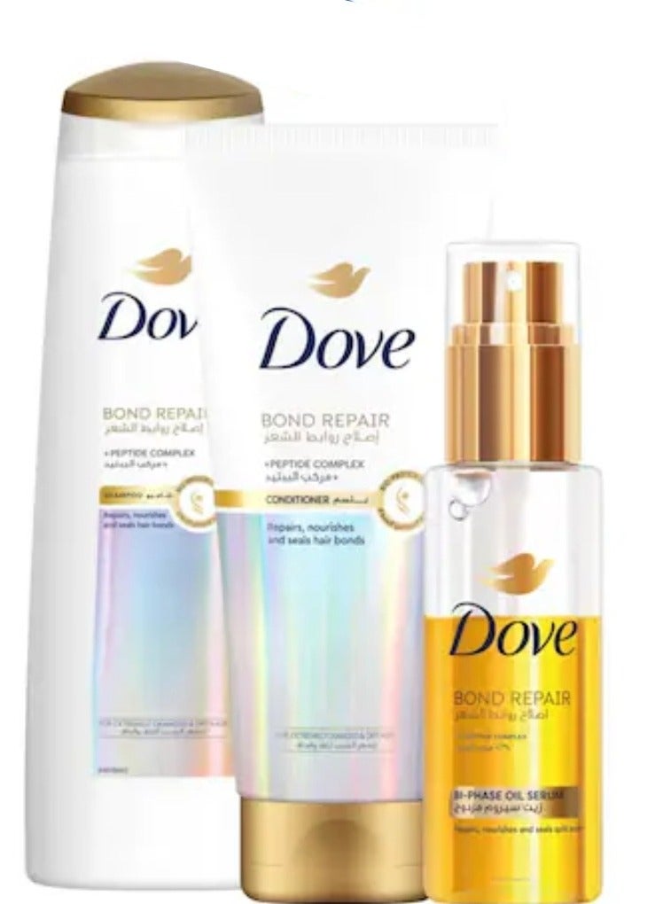 دوف بوند شامبو لإصلاح الشعر التالف والجاف، 350 ملل + بلسم 180 ملل + سيروم زيت 80 ملل