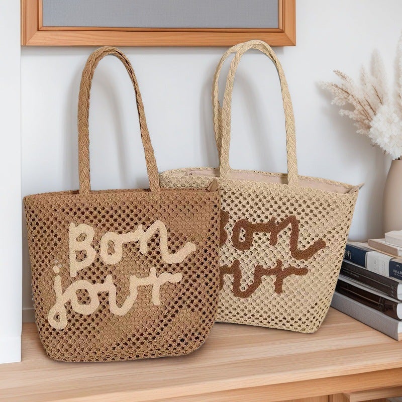 Fashion Letter Embroidered Shoulder Straw Woven Bag New Style Simple Hollow Woven Bag Holiday Style Beach Bag All-Match Women'S Bag - Image 2