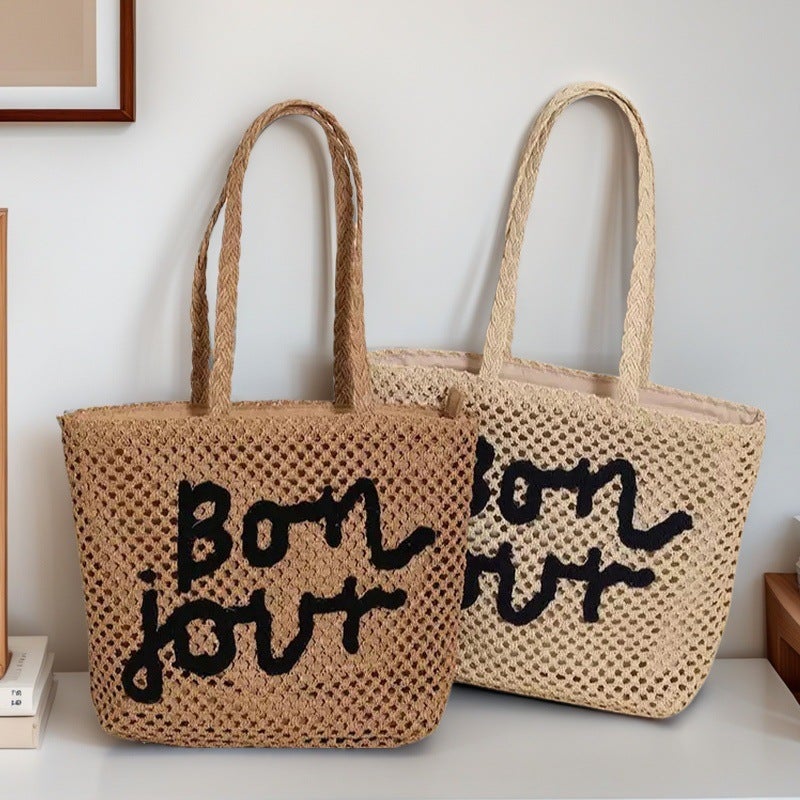 Fashion Letter Embroidered Shoulder Straw Woven Bag New Style Simple Hollow Woven Bag Holiday Style Beach Bag All-Match Women'S Bag - Image 3