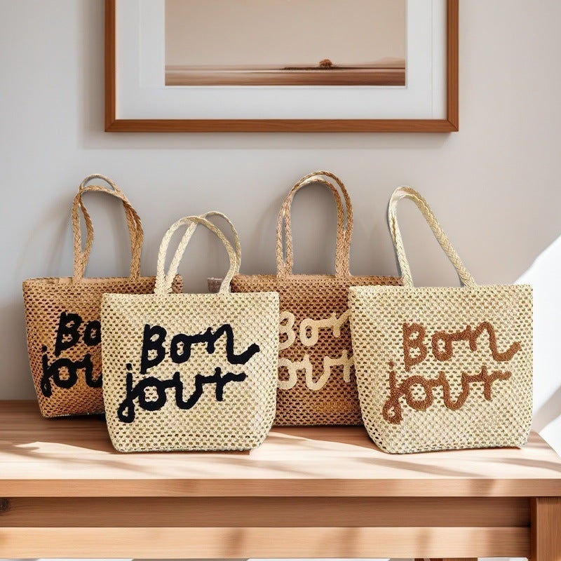 Fashion Letter Embroidered Shoulder Straw Woven Bag New Style Simple Hollow Woven Bag Holiday Style Beach Bag All-Match Women'S Bag - Image 4