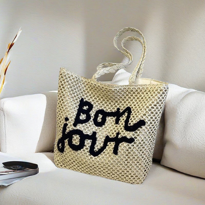 Fashion Letter Embroidered Shoulder Straw Woven Bag New Style Simple Hollow Woven Bag Holiday Style Beach Bag All-Match Women'S Bag - Image 1