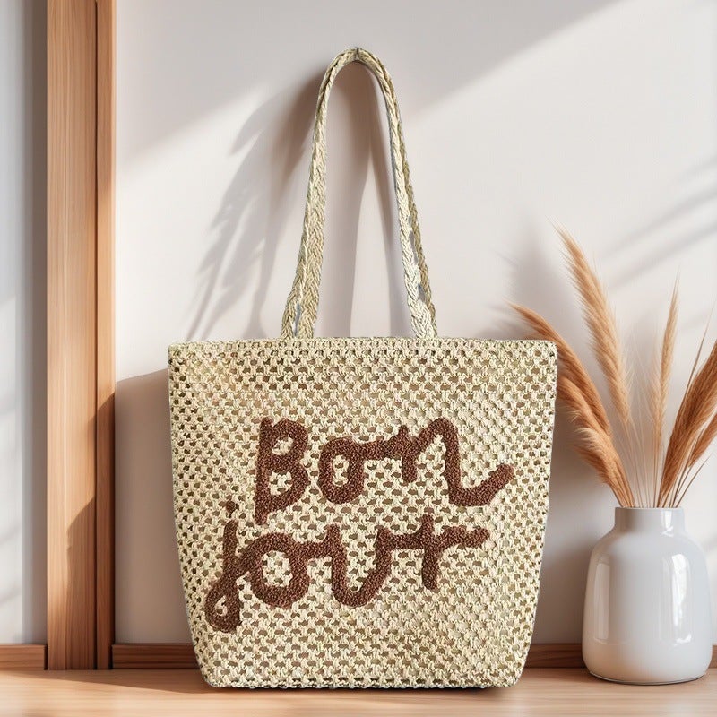 Fashion Letter Embroidered Shoulder Straw Woven Bag New Style Simple Hollow Woven Bag Holiday Style Beach Bag All-Match Women'S Bag - Image 5