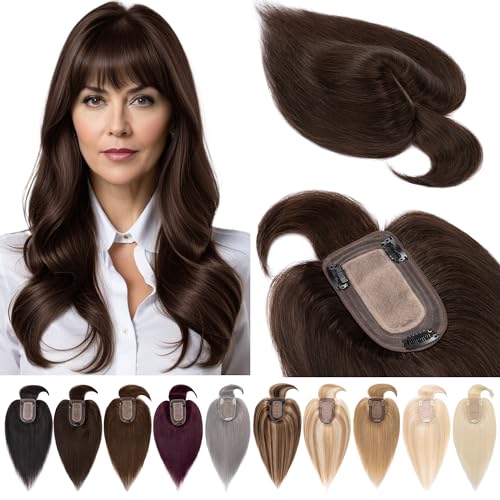 SEGOHAIR Hair Toppers for Women Real Human Hair With Bangs 7 13 CM Silk Base Clip In Topper Hairpieces Wiglet Top Pieces Add Volume 12 Inch Dark Brown - Image 1