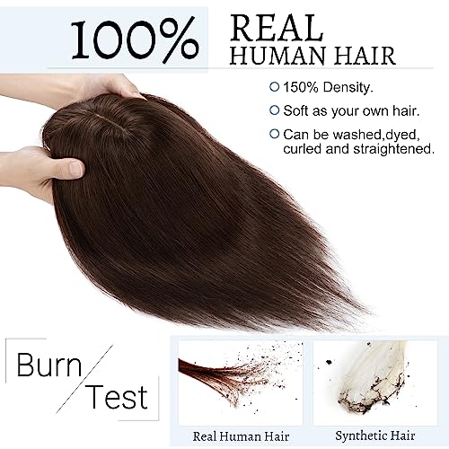 SEGOHAIR Hair Toppers for Women Real Human Hair With Bangs 7 13 CM Silk Base Clip In Topper Hairpieces Wiglet Top Pieces Add Volume 12 Inch Dark Brown - Image 3