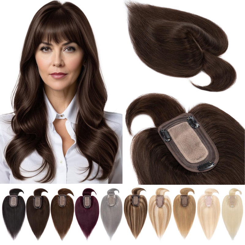 SEGOHAIR Hair Toppers for Women Real Human Hair With Bangs 7 13 CM Silk Base Clip In Topper Hairpieces Wiglet Top Pieces Add Volume 12 Inch Dark Brown - Image 2