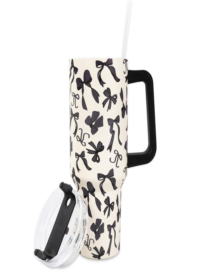 JarThenaAMCS Black Bow Tumbler with Lid and Straw 40oz Ribbon Bow Printed Tumbler with Handle Beige Black Stainless Steel Cup for Gift Home Office Travel - Image 1