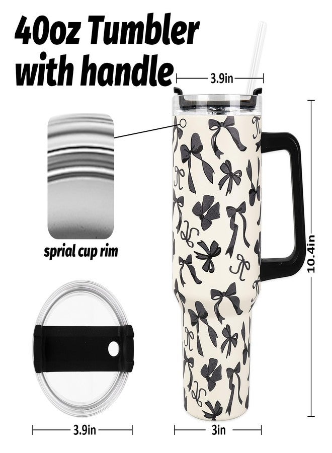 JarThenaAMCS Black Bow Tumbler with Lid and Straw 40oz Ribbon Bow Printed Tumbler with Handle Beige Black Stainless Steel Cup for Gift Home Office Travel - Image 2