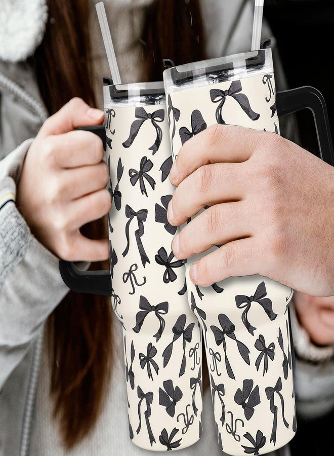 JarThenaAMCS Black Bow Tumbler with Lid and Straw 40oz Ribbon Bow Printed Tumbler with Handle Beige Black Stainless Steel Cup for Gift Home Office Travel - Image 5