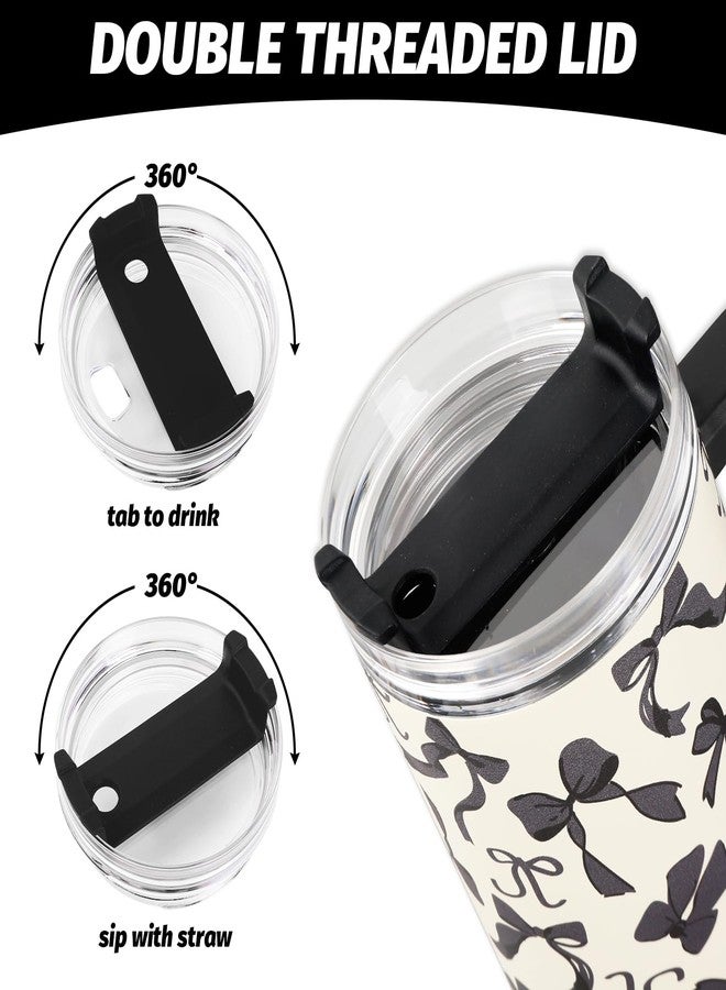 JarThenaAMCS Black Bow Tumbler with Lid and Straw 40oz Ribbon Bow Printed Tumbler with Handle Beige Black Stainless Steel Cup for Gift Home Office Travel - Image 3
