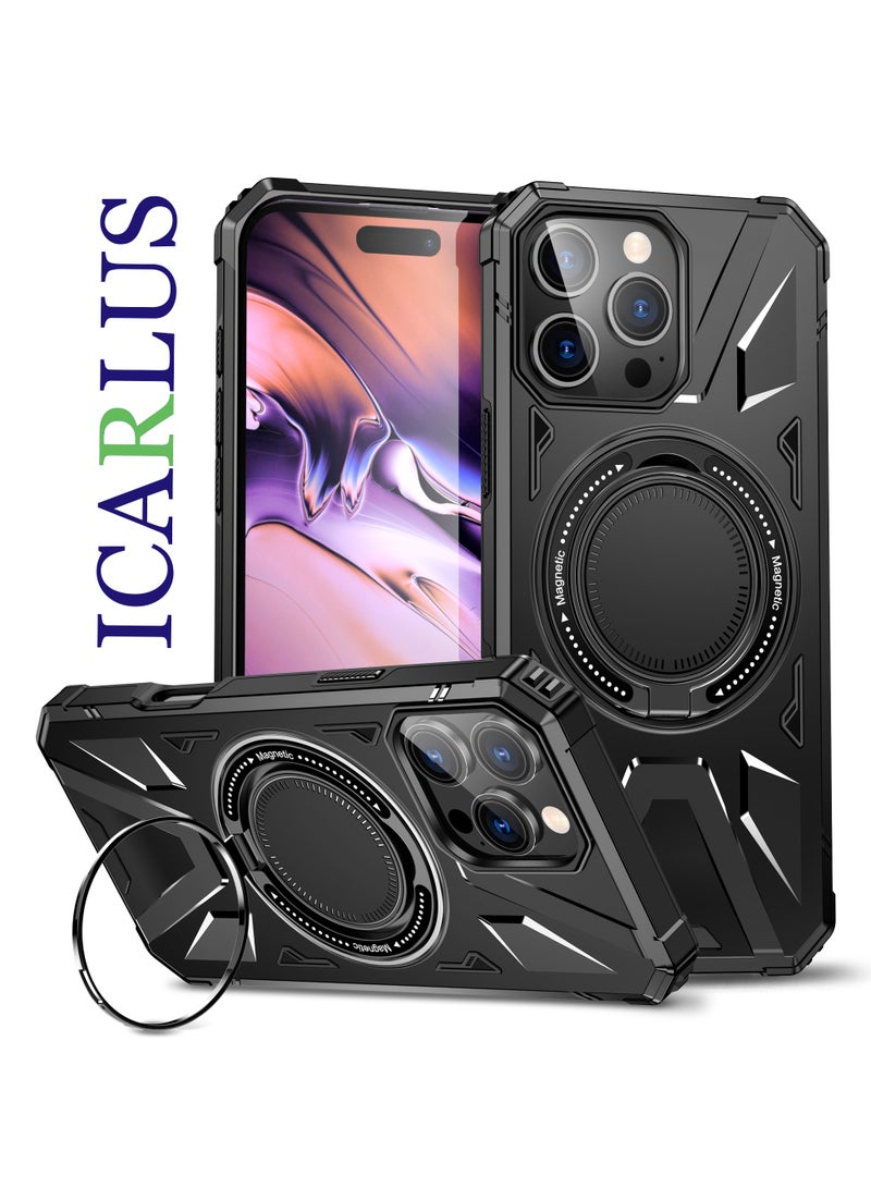 ايكارلوس For iPhone 16 Pro Max Magnetic Case TPU+PC Phone Cover with Rotary Ring Kickstand - Black - Image 1