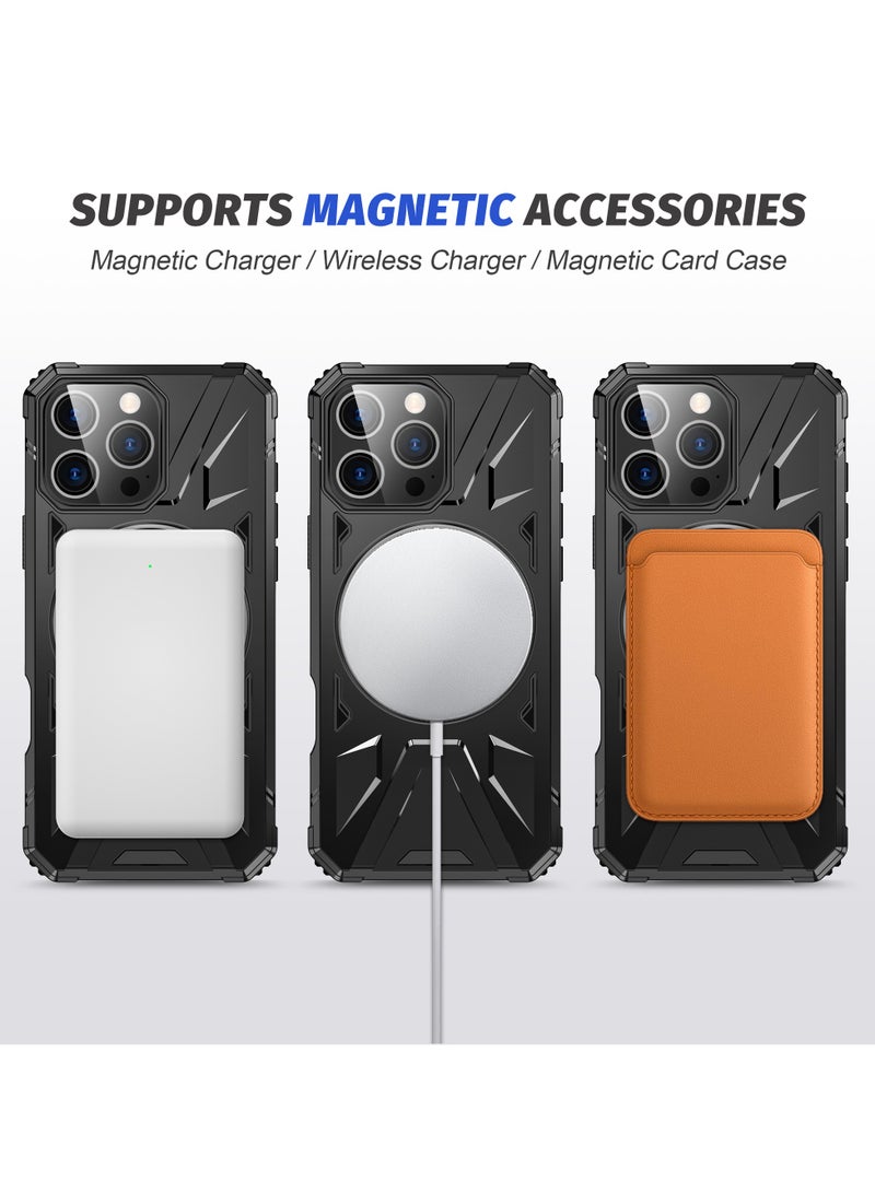 ايكارلوس For iPhone 16 Pro Max Magnetic Case TPU+PC Phone Cover with Rotary Ring Kickstand - Black - Image 4