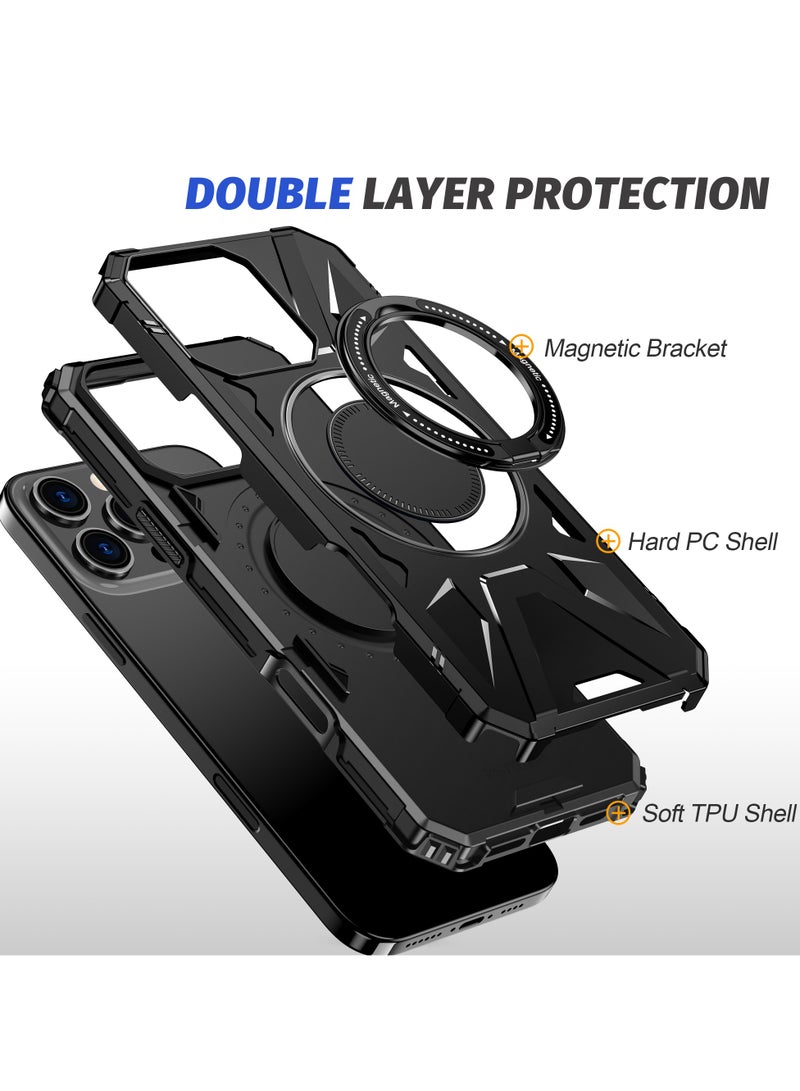 ايكارلوس For iPhone 16 Pro Max Magnetic Case TPU+PC Phone Cover with Rotary Ring Kickstand - Black - Image 2
