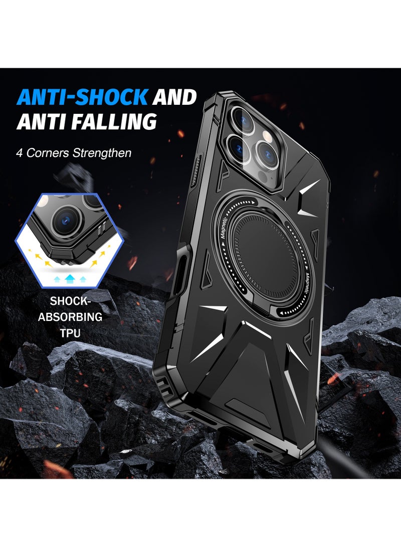 ايكارلوس For iPhone 16 Pro Max Magnetic Case TPU+PC Phone Cover with Rotary Ring Kickstand - Black - Image 5
