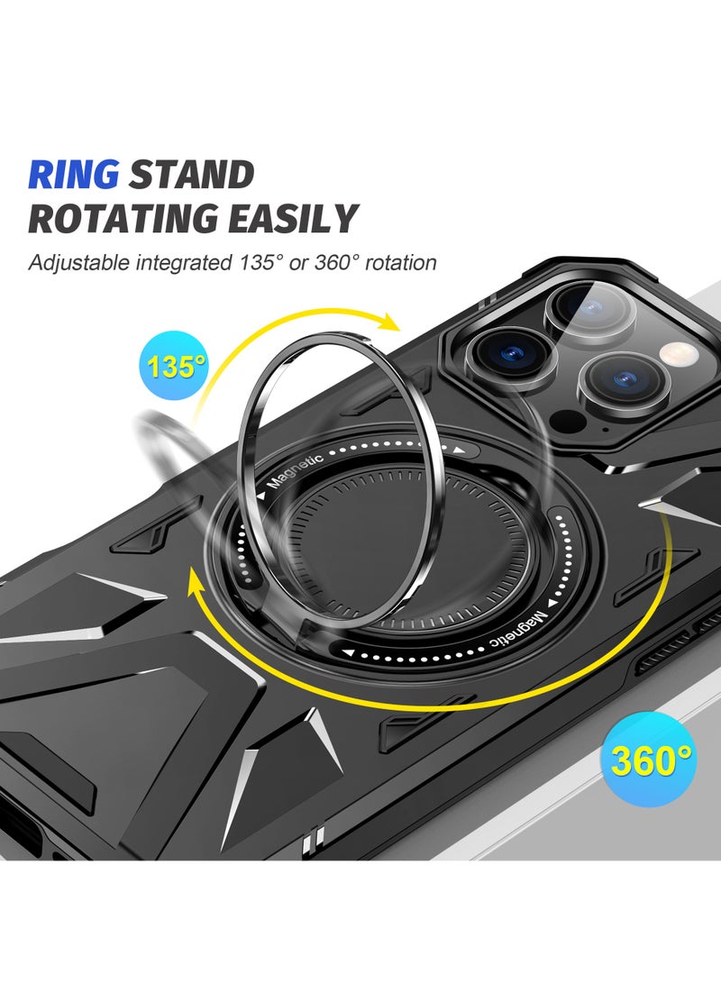 ايكارلوس For iPhone 16 Pro Max Magnetic Case TPU+PC Phone Cover with Rotary Ring Kickstand - Black - Image 3