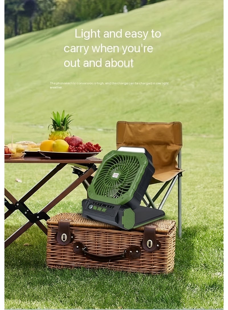 WALALLA 2 in 1 Rechargeable Camping Fan, Portable Tent Fan, Solar-Powered Outdoor Standing Fan, Powered Hiking Hanging Light Fans with LED Light Lantern, 4 Adjustable Speed, 90° Oscillating, Solar Panels - Image 2
