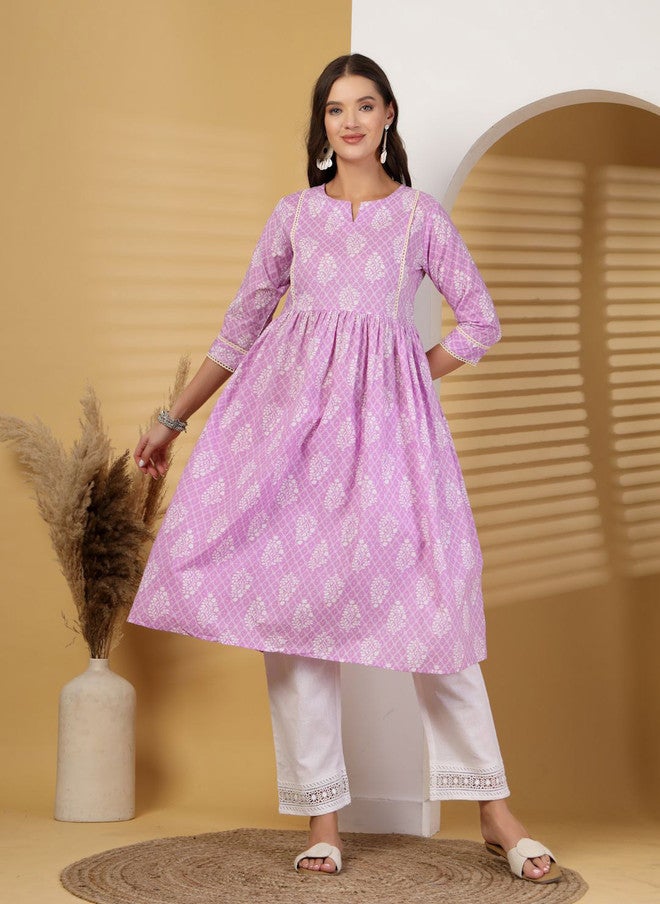 LARGISH Women Floral Printed Cotton A-Line Kurta in Purple - Image 1
