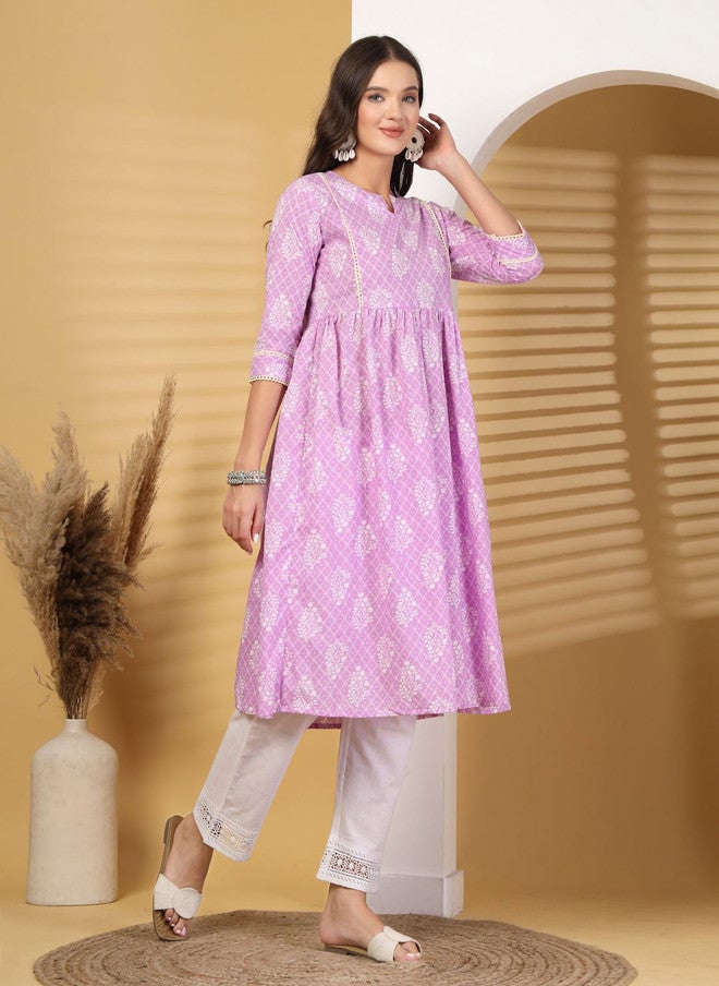 LARGISH Women Floral Printed Cotton A-Line Kurta in Purple - Image 3