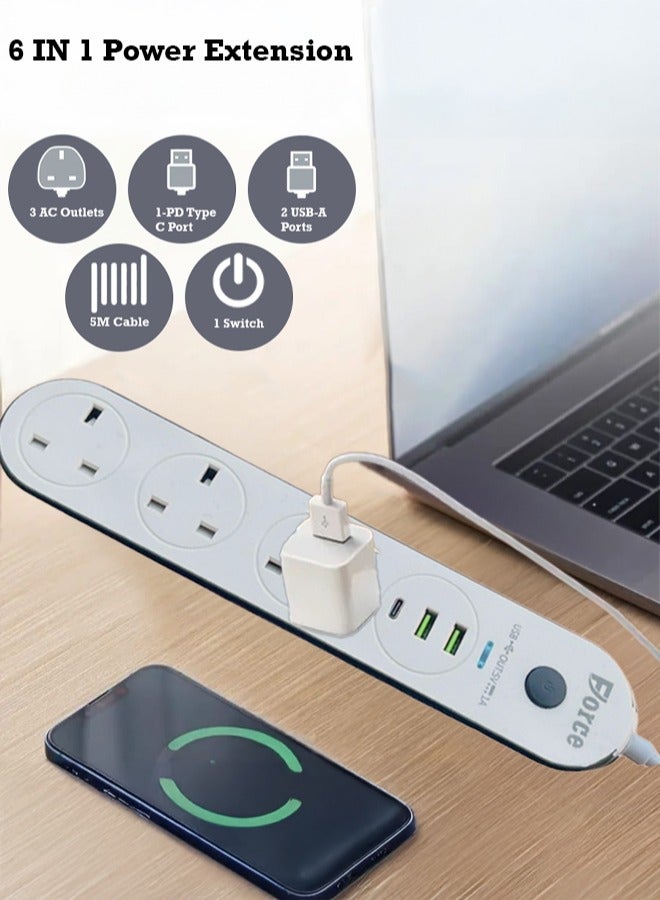 FORCE Power Strips Extension Cord,3 Sockets Universal Plug Adapter with 5Meter Bold Extension Cable With 2USB Ports And 1PD Type-C,Power Extension Board,Extension Cable,Extension Socket For Home,Office,Kitchen ,Travel And More ((5Meter)) - Image 4