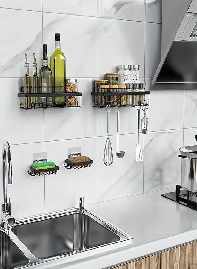 KYMIO Wall Mounted Bathroom Shelf with Hooks - Rustproof Black Shower Caddy Organizer for Shampoo, Soap, Lotion, Toothbrush & Accessories - Heavy Duty Adhesive Storage Rack for Kitchen & Bathroom - Image 4