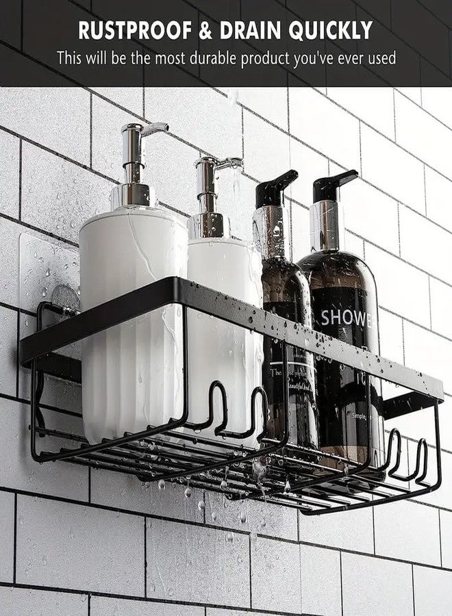 KYMIO Wall Mounted Bathroom Shelf with Hooks - Rustproof Black Shower Caddy Organizer for Shampoo, Soap, Lotion, Toothbrush & Accessories - Heavy Duty Adhesive Storage Rack for Kitchen & Bathroom - Image 5