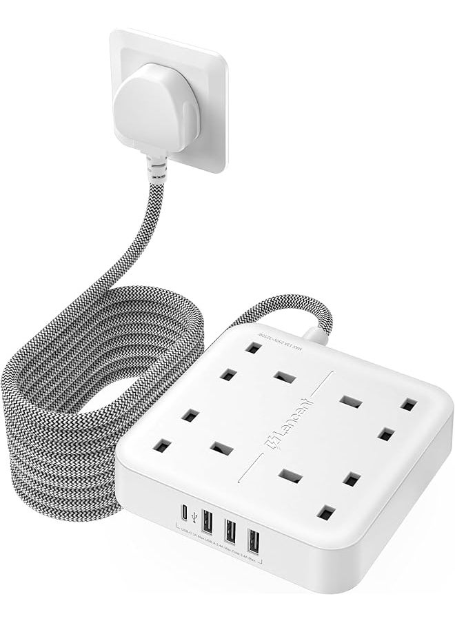 Lencent LENCENT Extension Lead with USB C Port, 4 Way Outlets Power Strip with 4 USB Ports (3.4A, 1 Type C and 3 USB-A Ports) Multi Plug Charging Station with 5M Braided Extension cord for Home Office 3250W  - Image 1