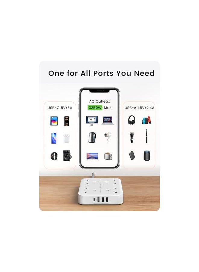 Lencent LENCENT Extension Lead with USB C Port, 4 Way Outlets Power Strip with 4 USB Ports (3.4A, 1 Type C and 3 USB-A Ports) Multi Plug Charging Station with 5M Braided Extension cord for Home Office 3250W  - Image 4