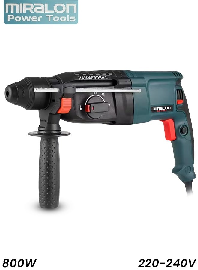 MIRALON Rotary Hammer Drill MIR-26M 800W 26mm SDS Plus Electric Hammer Drill Machine, 3 Modes - Drilling, Hammer Drilling, Hammering, 220–240V, 50/60Hz, 0–1500RPM Variable Speed, Forward/Reverse Control, Depth Rod & Lock-On Button, Heavy-Duty Construction Tool with Carry Case - Image 1