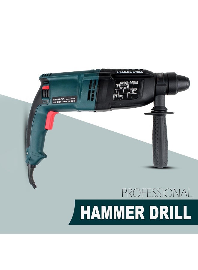 MIRALON Rotary Hammer Drill MIR-26M 800W 26mm SDS Plus Electric Hammer Drill Machine, 3 Modes - Drilling, Hammer Drilling, Hammering, 220–240V, 50/60Hz, 0–1500RPM Variable Speed, Forward/Reverse Control, Depth Rod & Lock-On Button, Heavy-Duty Construction Tool with Carry Case - Image 4