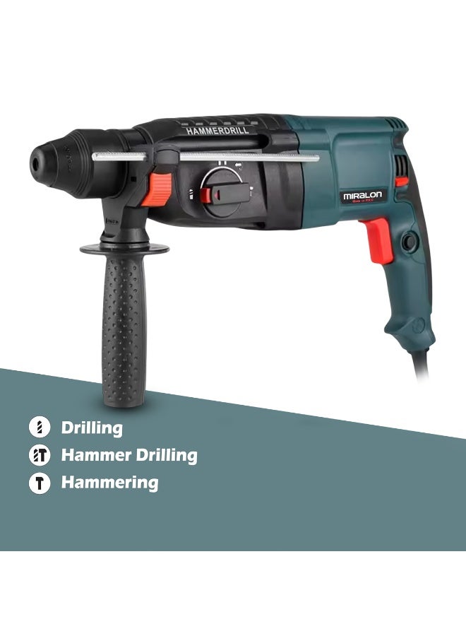 MIRALON Rotary Hammer Drill MIR-26M 800W 26mm SDS Plus Electric Hammer Drill Machine, 3 Modes - Drilling, Hammer Drilling, Hammering, 220–240V, 50/60Hz, 0–1500RPM Variable Speed, Forward/Reverse Control, Depth Rod & Lock-On Button, Heavy-Duty Construction Tool with Carry Case - Image 5