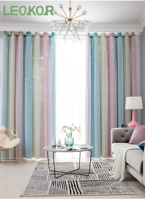 2 Panels Star Blackout Curtains Double Layer Star Cut Out Stripe Gradient Window Curtains 134x183CM