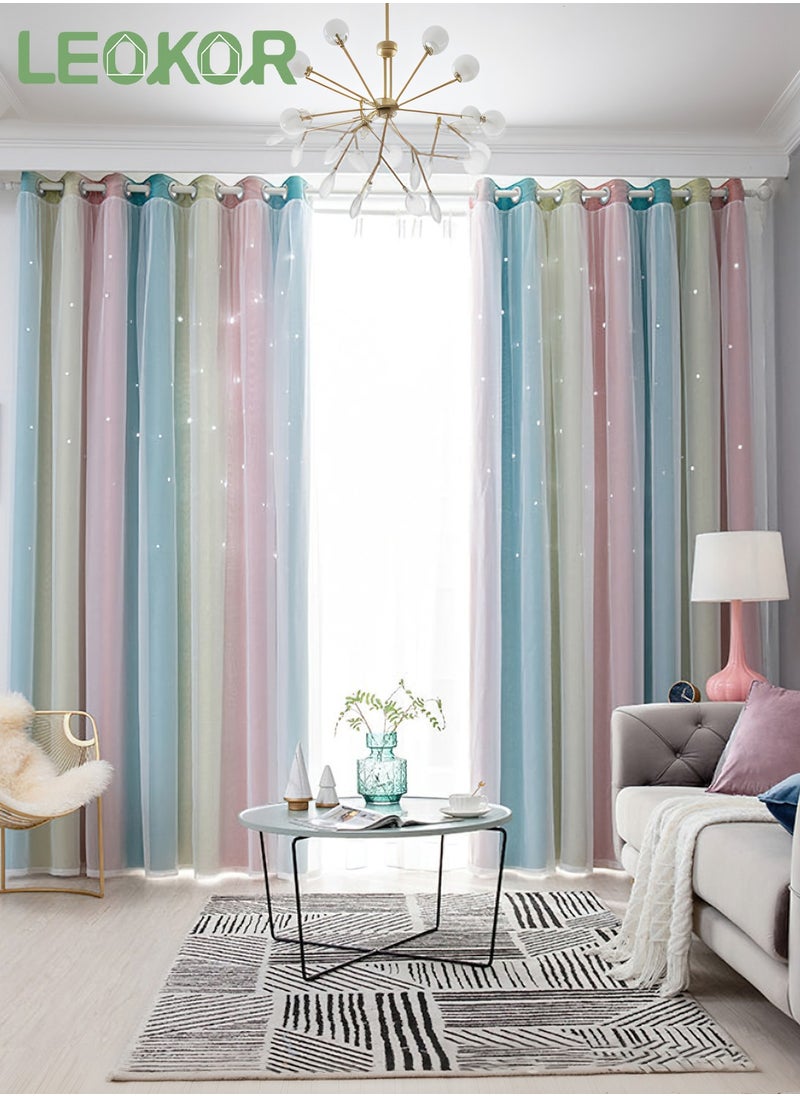 LEOKOR - 2 Panels Star Blackout Curtains Double Layer Star Cut Out Stripe Gradient Window Curtains 134x183CM - Image 1