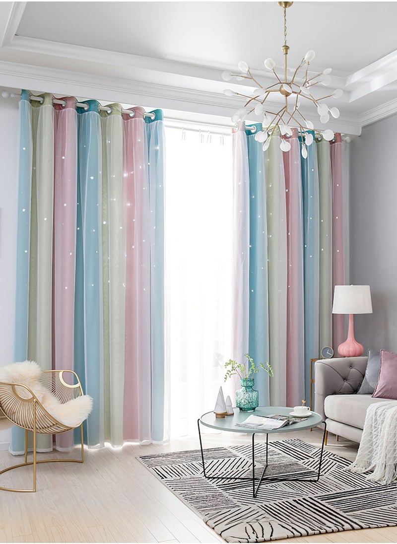 LEOKOR - 2 Panels Star Blackout Curtains Double Layer Star Cut Out Stripe Gradient Window Curtains 134x183CM - Image 1