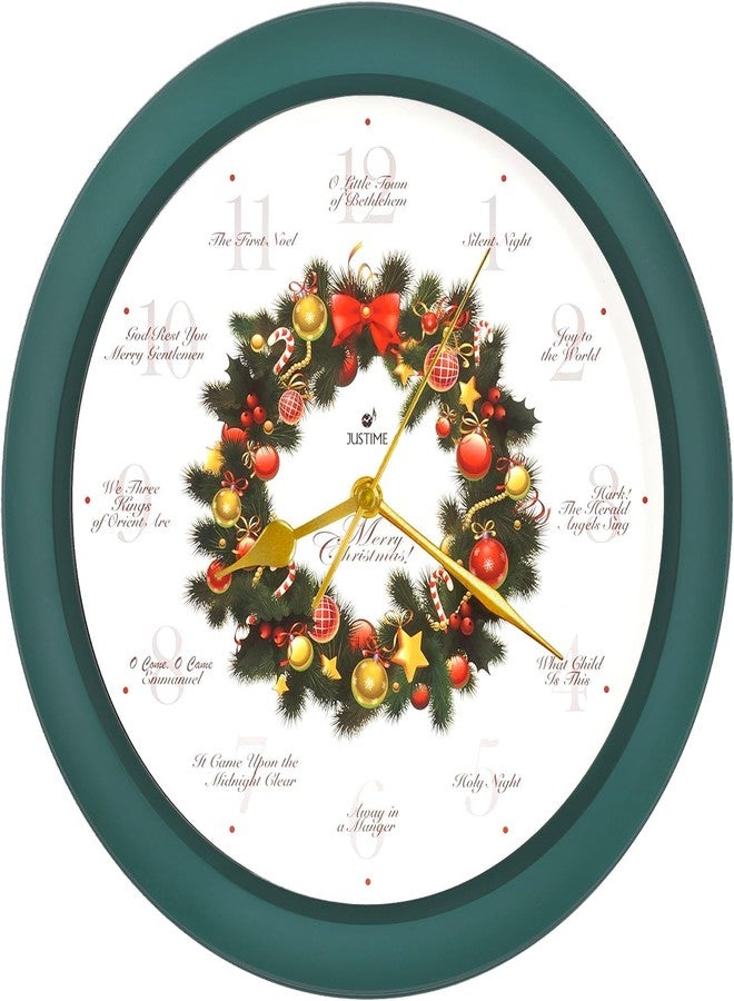 JUSTIME 14-inch 12 Song of Carols of Christmas Wreath Melody Wall Clock Christmas Musical Clock Chime Wall Clock in Wall Christmas Home Decor Wall Deco Round Wall Clock Green - Image 1