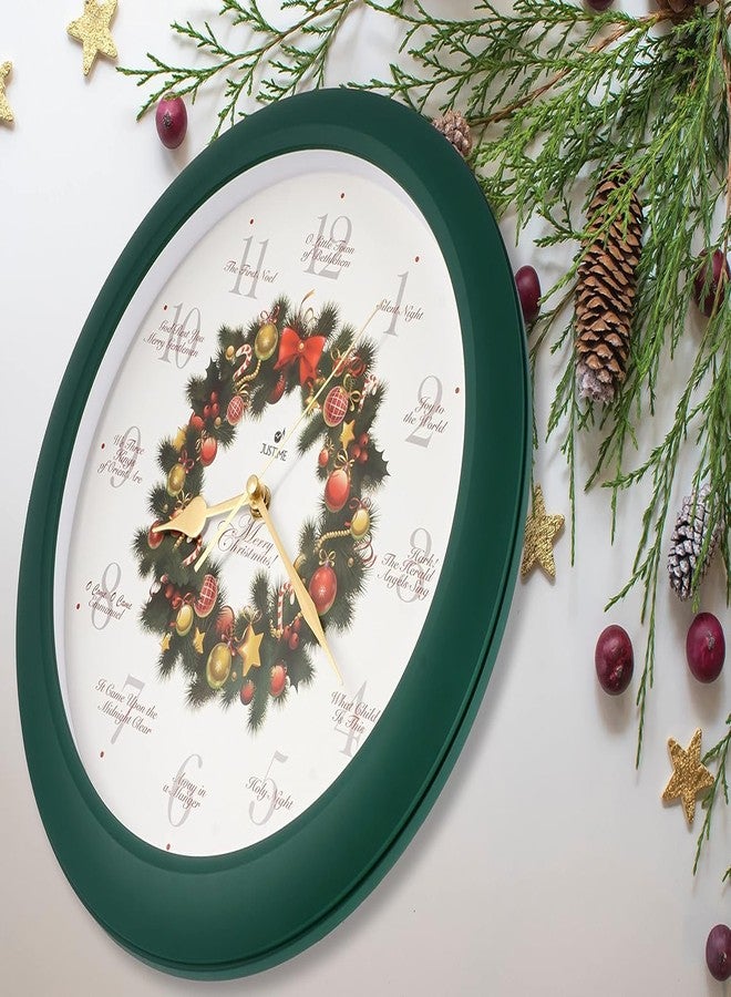 JUSTIME 14-inch 12 Song of Carols of Christmas Wreath Melody Wall Clock Christmas Musical Clock Chime Wall Clock in Wall Christmas Home Decor Wall Deco Round Wall Clock Green - Image 2