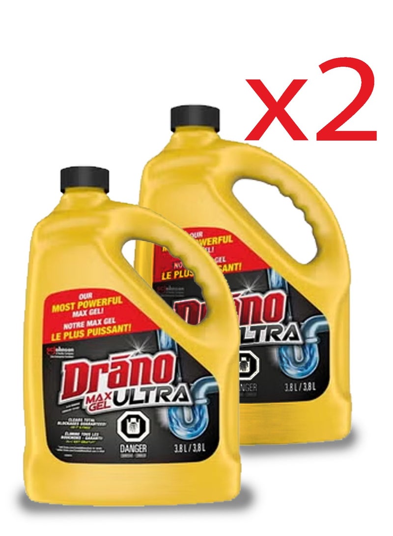 درانو مزيل انسداد المصارف ماكس جل ومنظف، يفتح ويزيل الشعر وبقايا الصابون والانسدادات وغيرها من الدشات والمغاسل، سعة 2x3.8 لتر - Image 1