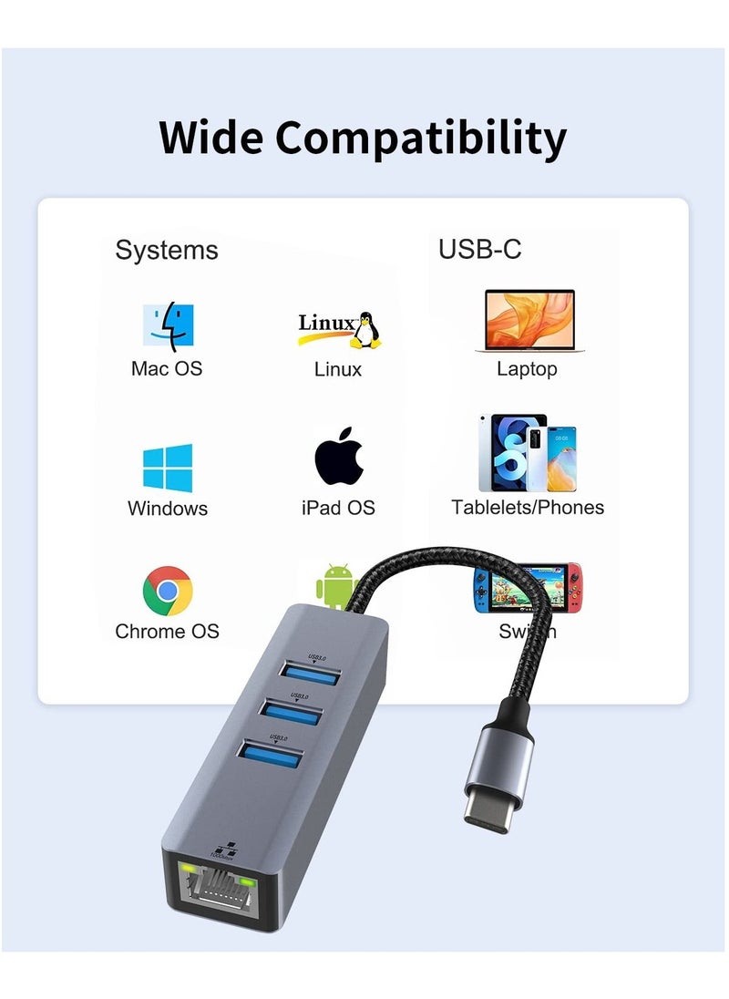 SYOSI - SYOSI USB C to Ethernet Adapter, USB C to RJ45 1000 Mbps Gigabit Ethernet Adapter, USB C Thunderbolt 3/4 to 3 Port USB 3.0 Hub for Laptop, Smart TV, for Windows/Mac OS/Surface Pro/Linux/XPS - Image 1