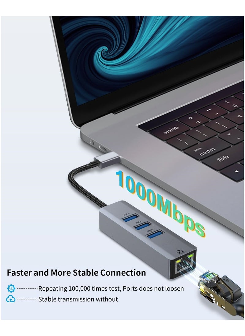 SYOSI - SYOSI USB C to Ethernet Adapter, USB C to RJ45 1000 Mbps Gigabit Ethernet Adapter, USB C Thunderbolt 3/4 to 3 Port USB 3.0 Hub for Laptop, Smart TV, for Windows/Mac OS/Surface Pro/Linux/XPS - Image 1