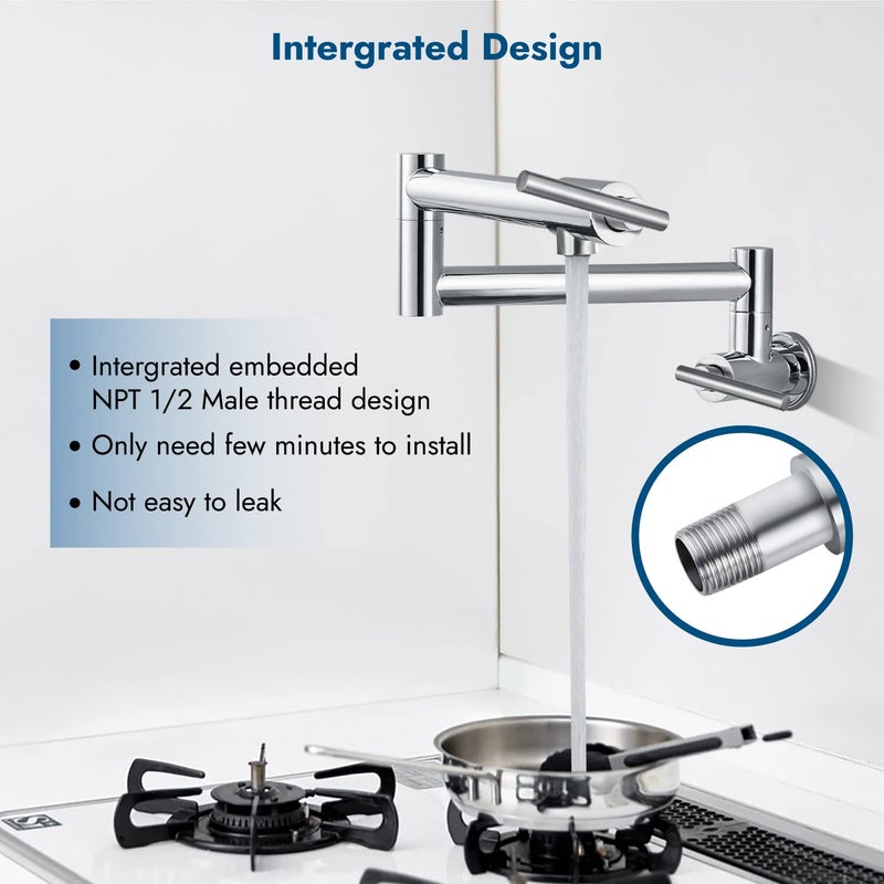 Cinwiny Pot Filler Wall Mounted Polish Chrome Kitchen Sink Faucet Stainless Steel Single Hole Double Handle Stretchable Commercial Faucet With Folding Double Joint Swing Arm - Image 2