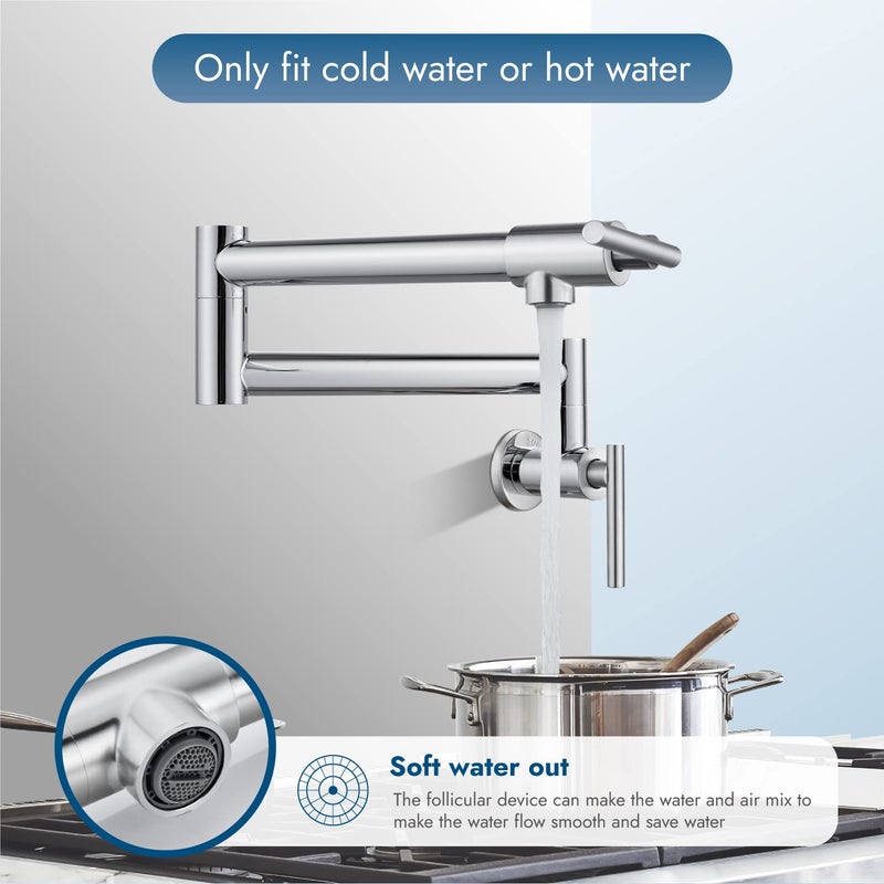 Cinwiny Pot Filler Wall Mounted Polish Chrome Kitchen Sink Faucet Stainless Steel Single Hole Double Handle Stretchable Commercial Faucet With Folding Double Joint Swing Arm - Image 5