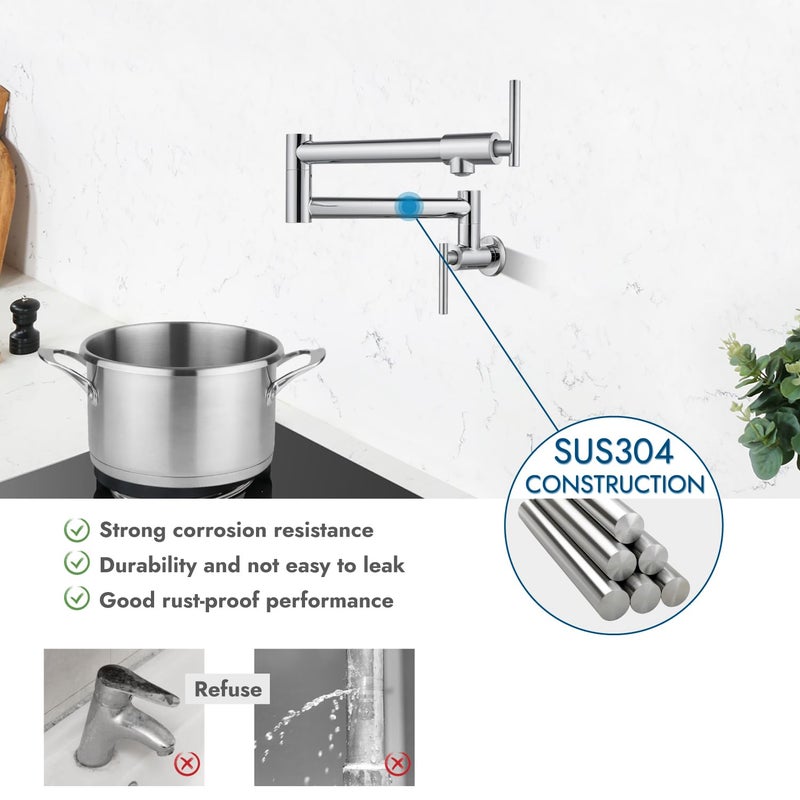 Cinwiny Pot Filler Wall Mounted Polish Chrome Kitchen Sink Faucet Stainless Steel Single Hole Double Handle Stretchable Commercial Faucet With Folding Double Joint Swing Arm - Image 4