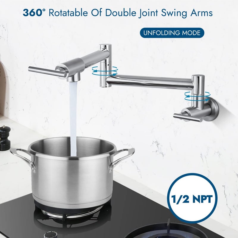 Cinwiny Pot Filler Wall Mounted Polish Chrome Kitchen Sink Faucet Stainless Steel Single Hole Double Handle Stretchable Commercial Faucet With Folding Double Joint Swing Arm - Image 3
