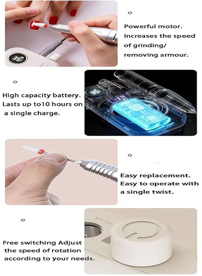 عام ملف أظافر كهربائي بنسخة المنزل، يعمل بسرعة 35000 دورة في الدقيقة، مثالي للأظافر الاكريليك، يأتي مع 6 قطع وبطارية قابلة للشحن بسعة 1200 مللي أمبير، مجموعة أظافر وباديكير محمولة - Image 3