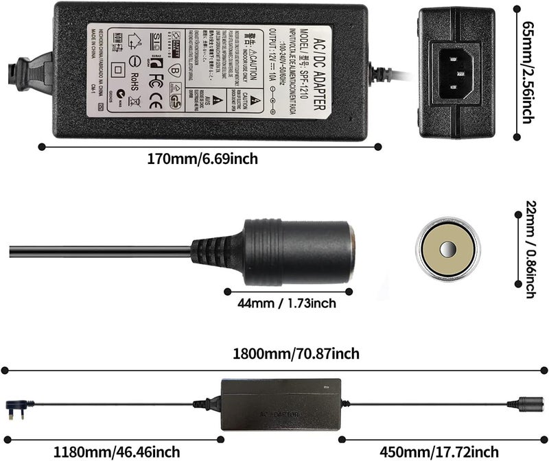 PADOM AC to DC Converter 100V ~ 240V to (12V 10A 120W) Power Supply Adapter Car Cigarette Lighter Socket AC/DC Transformer for Car Vacuum Cleaner Car Fridge Car Powered Device (12V 10A 120W) - Image 2