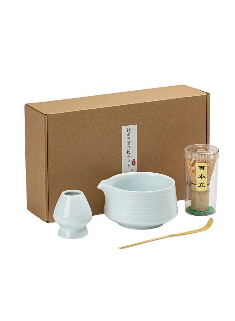 Liying Japanese MatchaSet Includes Matcha Bowl with Spout, Matcha Whisk Holder (chasen), Bamboo Matcha Whisk and Bamboo Scoop (Blue)  - Image 1
