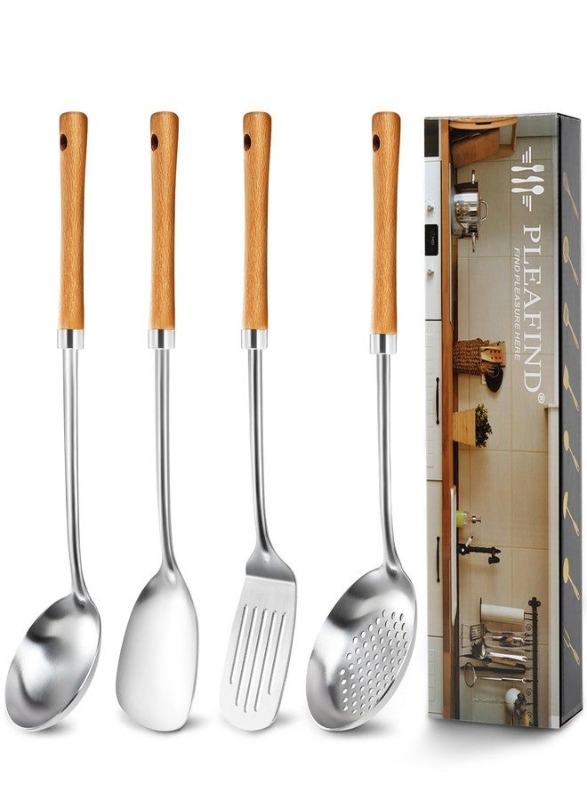 Pleafind 4-Pcs Cooking Utensils Set, Stainless Steel Kitchen Utensils with Wooden Hanlde, Kitchen Essentials Set Include Wok Ladle, Slotted Spoon, Wok Spatula and Slotted Spatula, Dishwasher Safe - Image 1