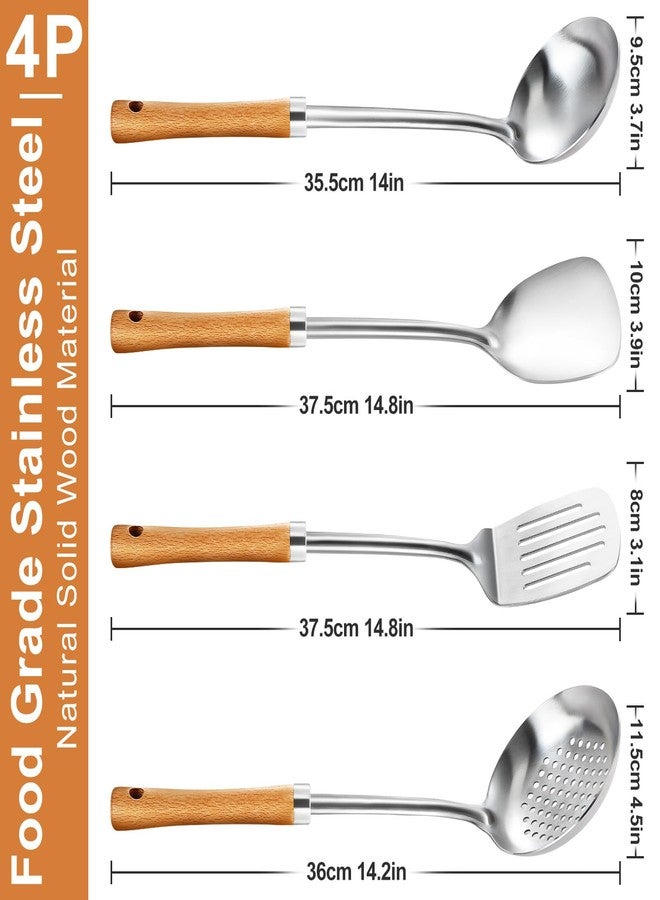 Pleafind 4-Pcs Cooking Utensils Set, Stainless Steel Kitchen Utensils with Wooden Hanlde, Kitchen Essentials Set Include Wok Ladle, Slotted Spoon, Wok Spatula and Slotted Spatula, Dishwasher Safe - Image 2